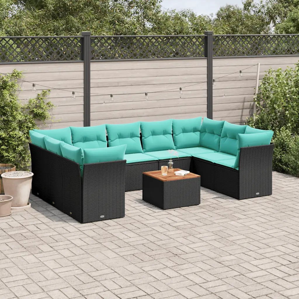 Set Divani da Giardino 10 pz con Cuscini Nero in Polyrattan