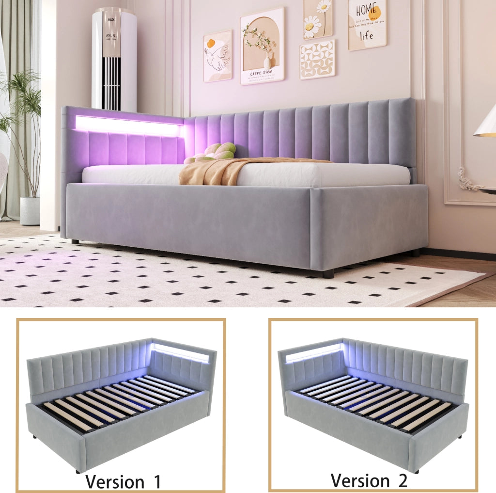 LETTO Contenitore 90x200 cm Grigio in velluto con LED