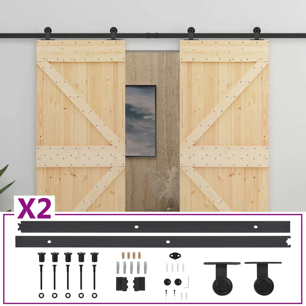 Porta scorrevole 2 pcs Naturale e Nero Legno Massello di Pino 3444882