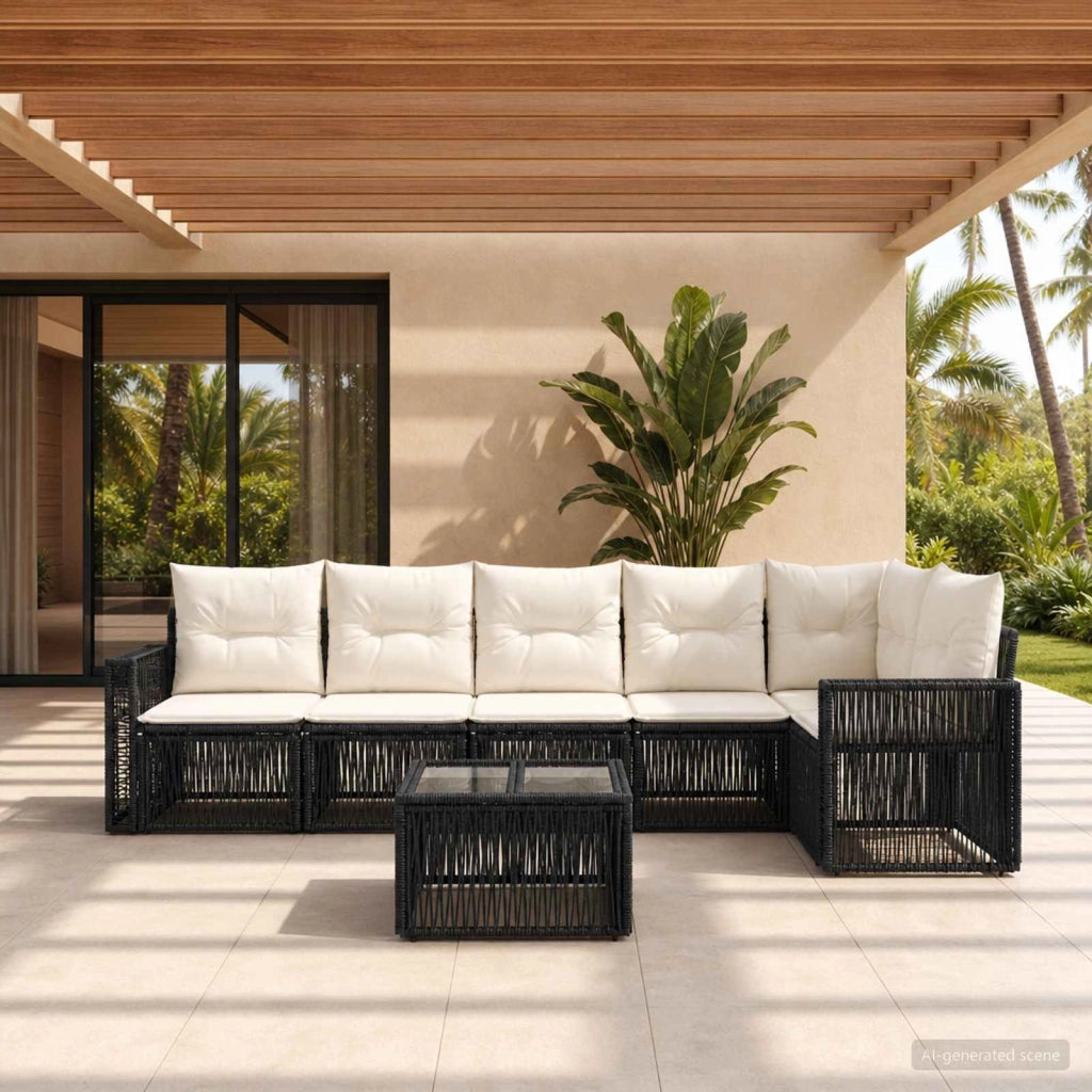 Set Divano da Giardino 7 pz Nero e Bianco Crema polyrattan 3435130
