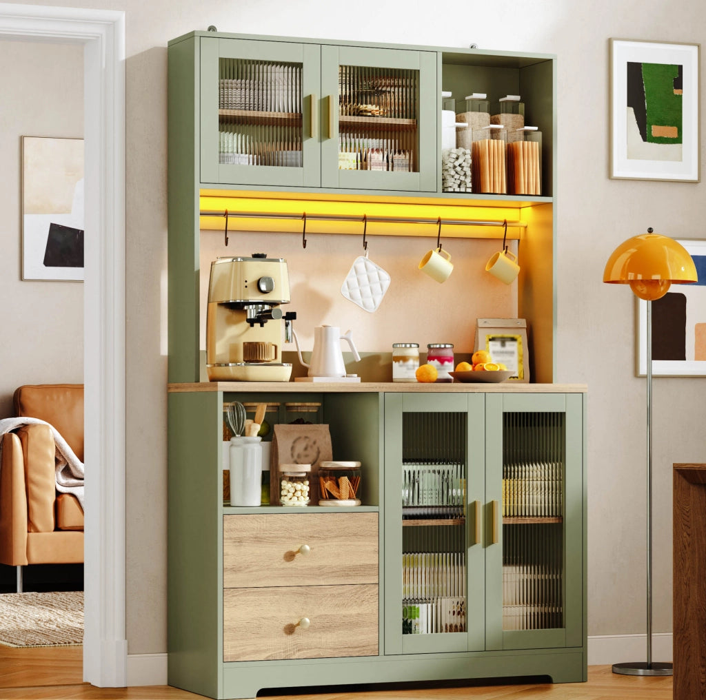 Credenza alta 110x40x178 cm con LED; prese USB; vetri temperati; MDF; verde antico