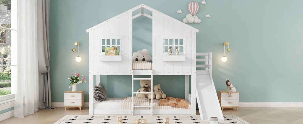 Letto a castello con scivolo in legno massello e MDF 90x200 cm