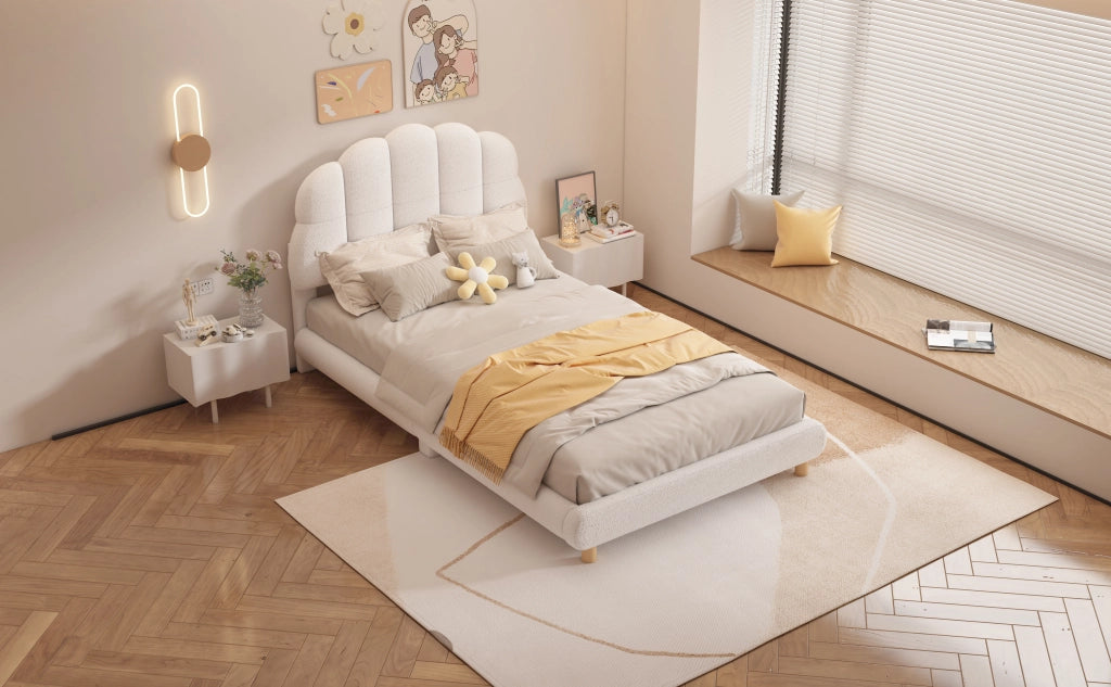 DESMIU Letto per bambini 90 × 200 cm 1 posto con testiera imbottita, senza materasso, in tessuto peluche e MDF, bianco