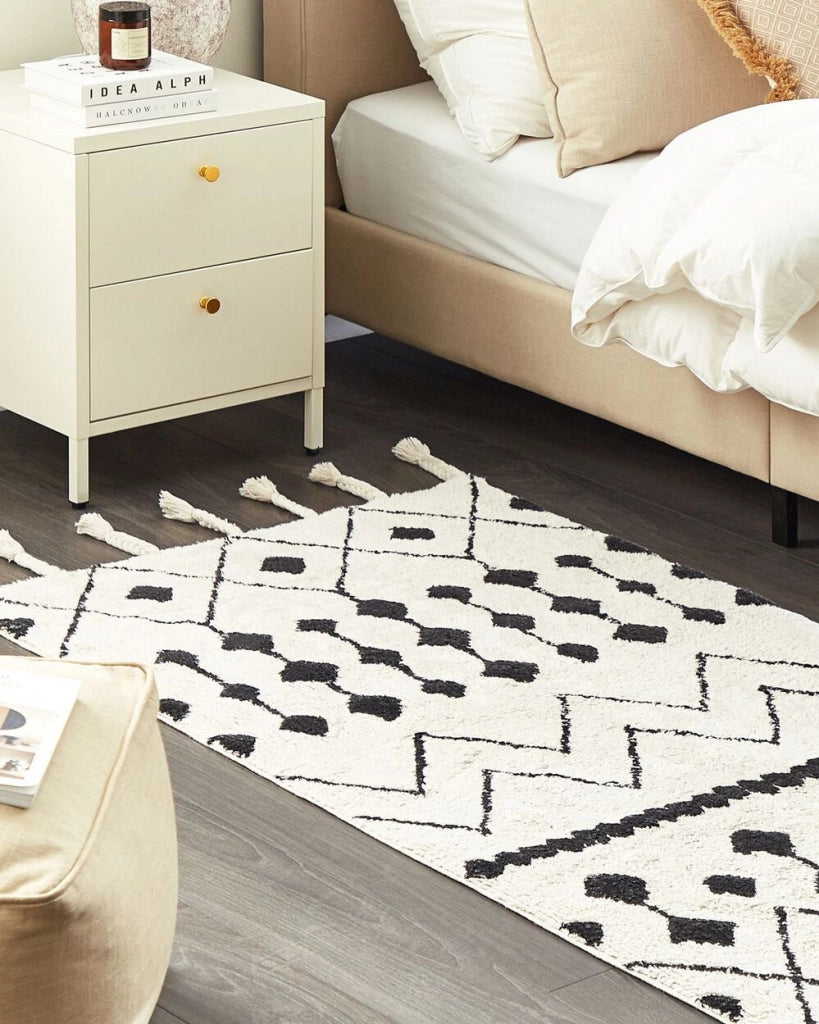 Tappeto cotone bianco sporco e nero 80 x 150 cm motivo geometrico nappe moderno orientale nappe