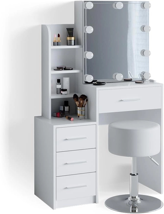 Tavolo da toeletta Conrada, Bianco, 80 cm con illuminazione LED e sgabello, adatto per l'organizzazione di articoli cosmetici e accessori