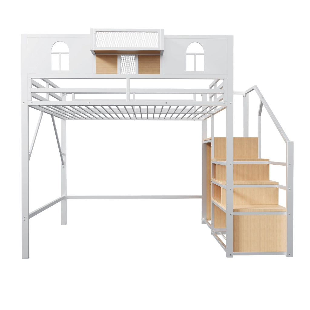 OKWISH Letto a Soppalco 140×200 cm, Letto Matrimoniale con Scala Contenitore, Mensola e Spondine Alte, senza Materasso, Bianco