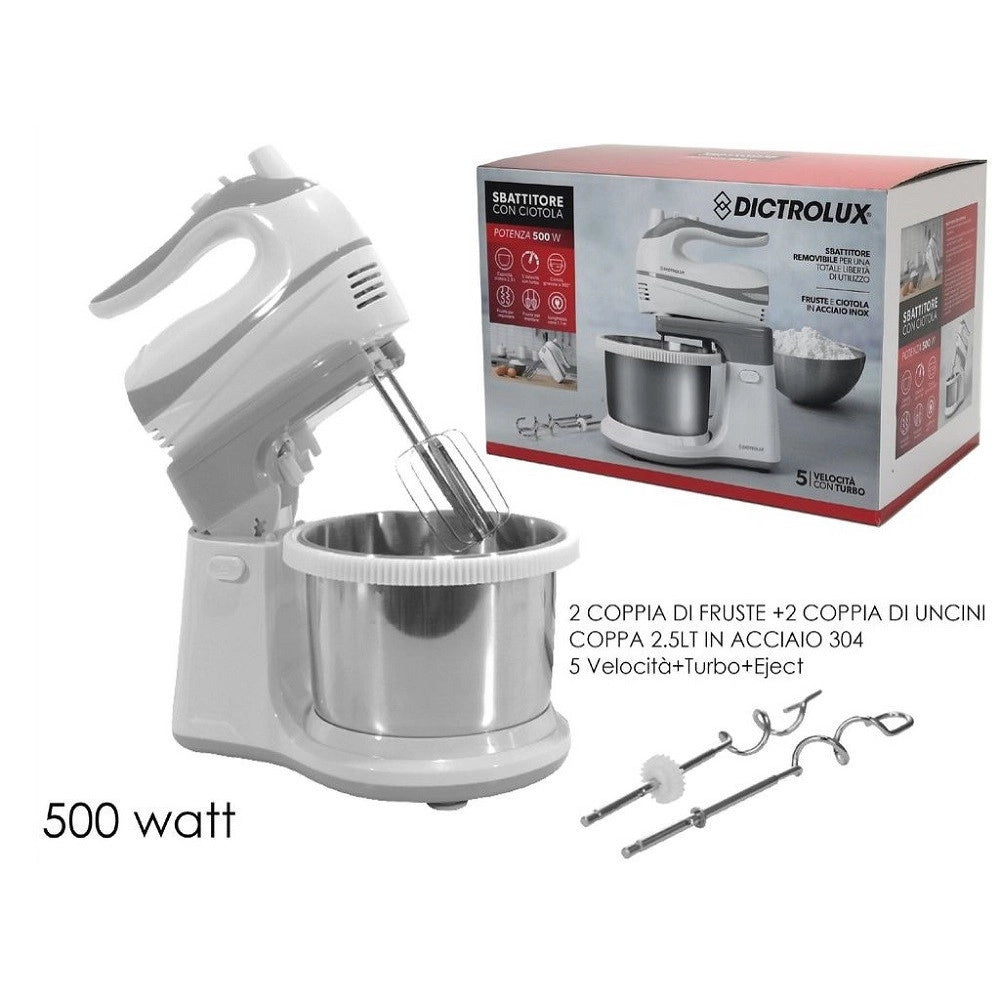 Trade Shop - Sbattitore Con Ciotola 2.5lt In Acciaio Girevole 5 Velocità + Turbo 500w 585606 -