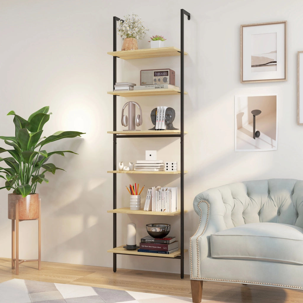Libreria a muro scala 6 ripiani stile industriale ¨C zephmum ¨C nero acciaio legno naturale 60x30x206 cm
