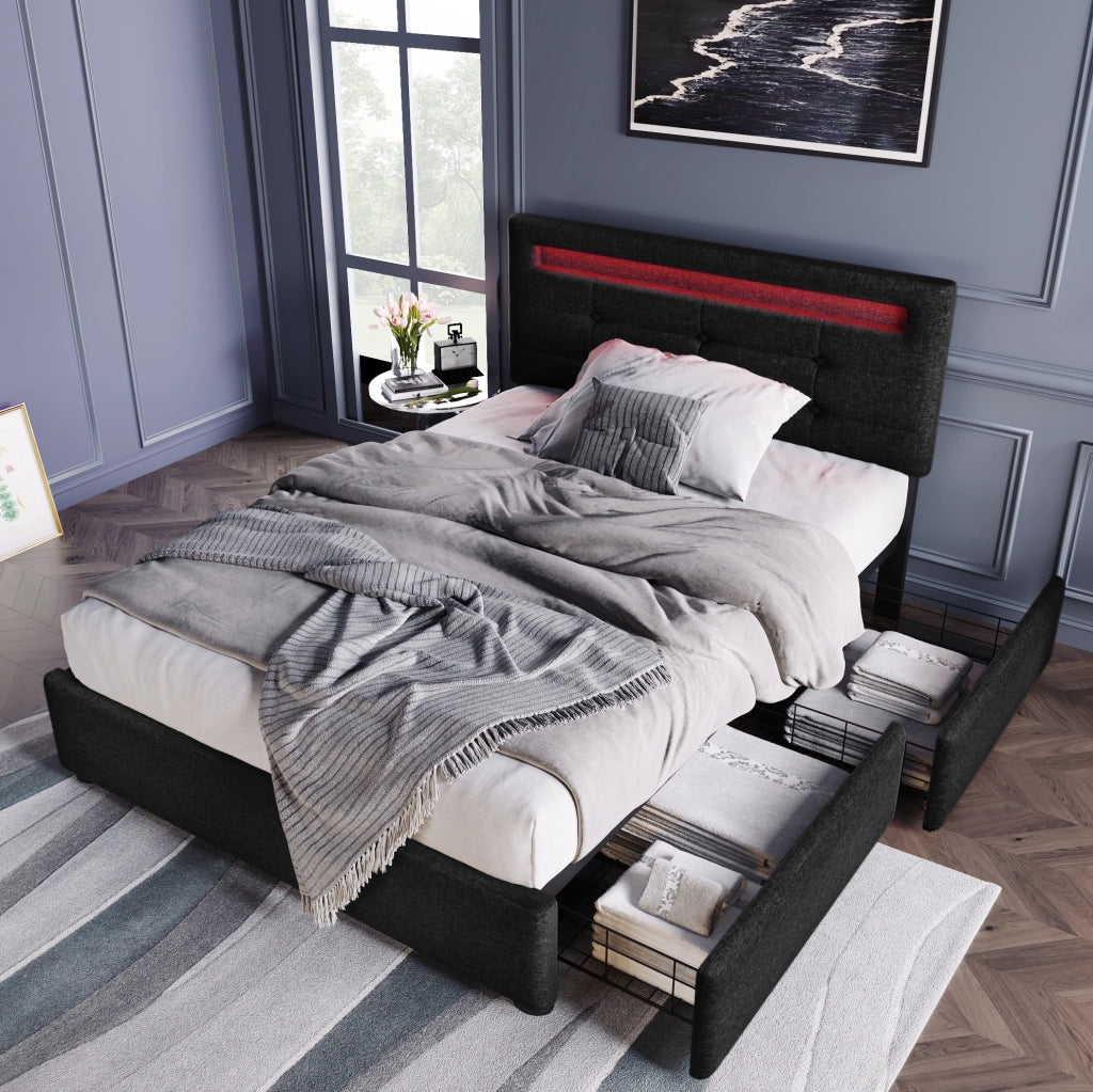 Letto singolo imbottito 90x200 cm con LED e 2 cassetti nero