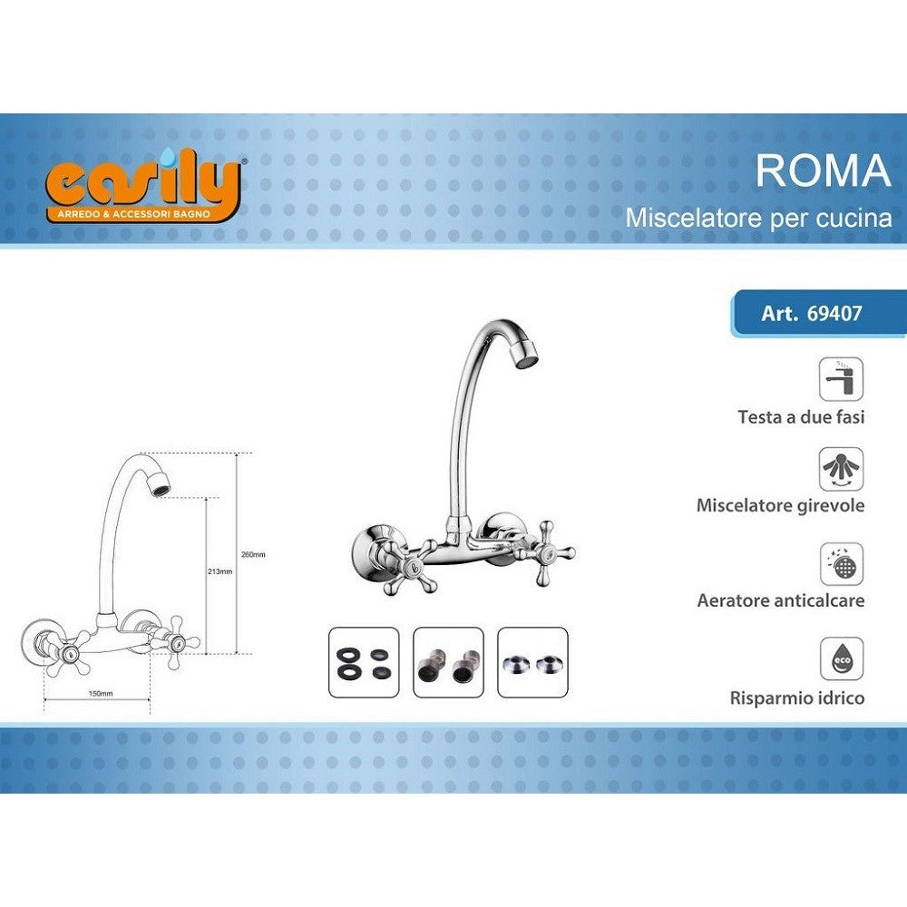 Trade Shop - Miscelatore Rubinetto Parete Manopole A Croce Cucina Lavello Ottone Roma 69407 -