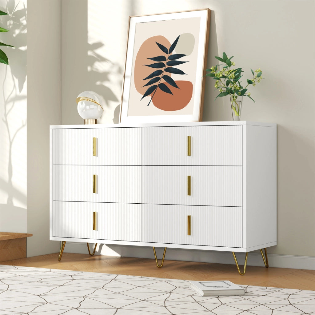 Credenza moderna con 6 cassetti, finitura bianca e dorata, 120 x 77 x 40 cm