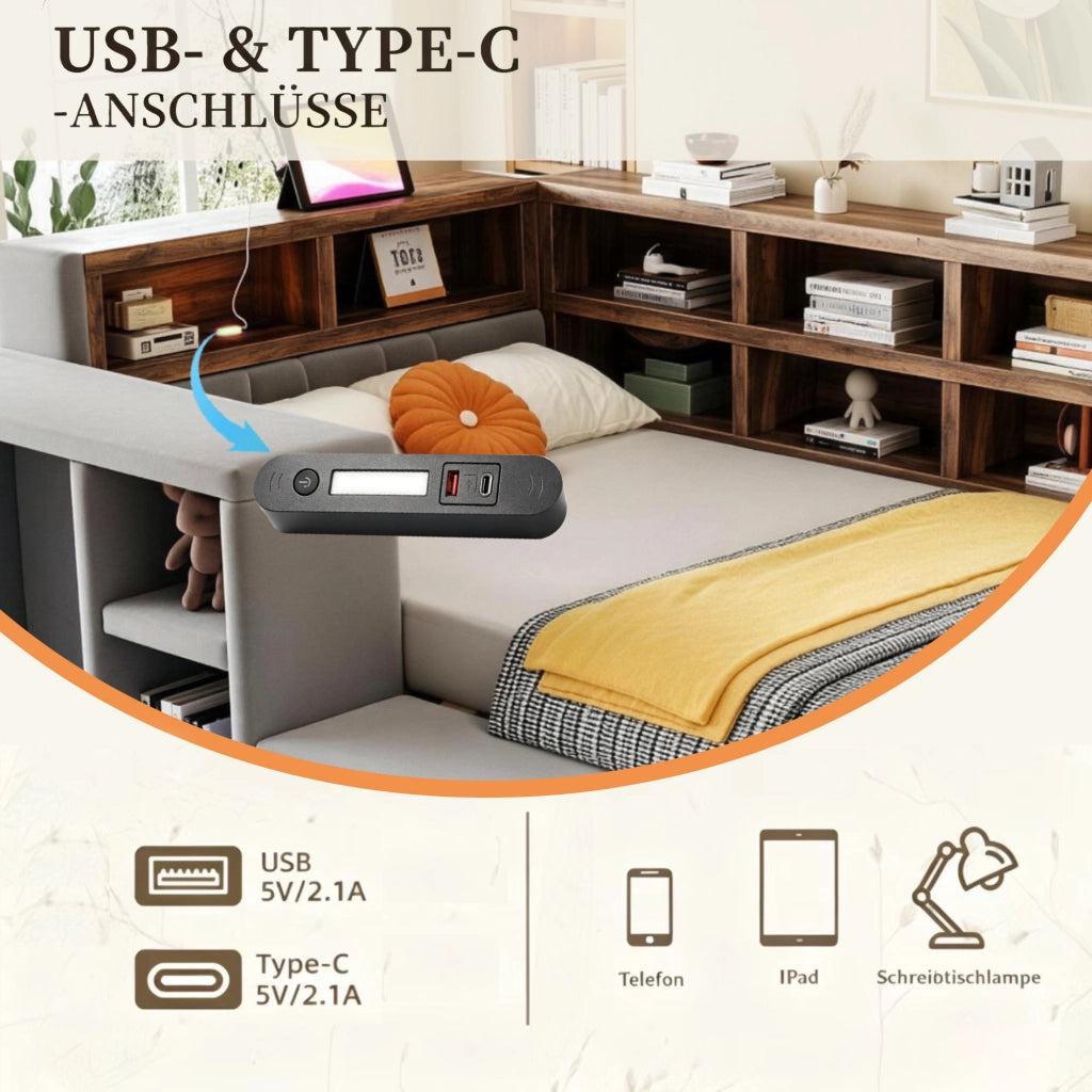 Letto imbottito con testiera a più livelli e LED, 90x200 cm, antracite