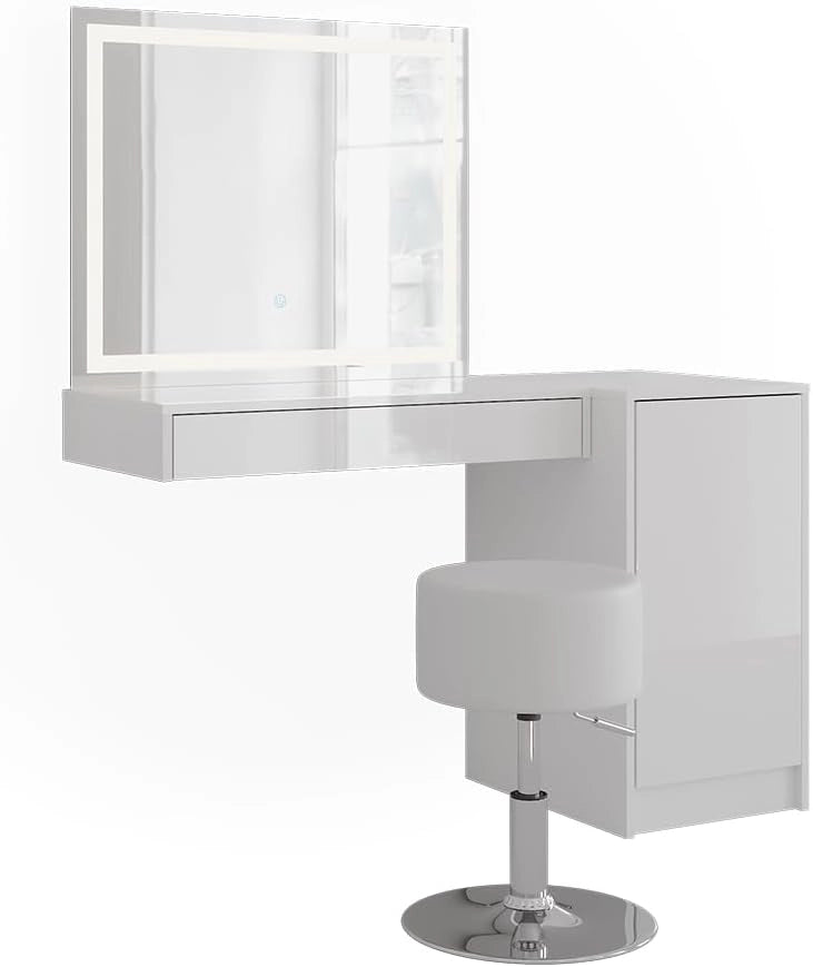 Tavolo da toeletta Sherry, Bianco/bianco lucido, 120 cm 4 parti, con illuminazione LED e specchio integrato
