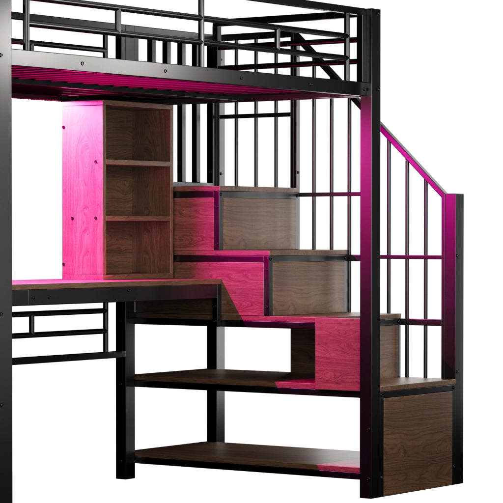 LETTO A SOPPALCO 90 x 200 cm con scrivania, LED, scala contenitore, nero