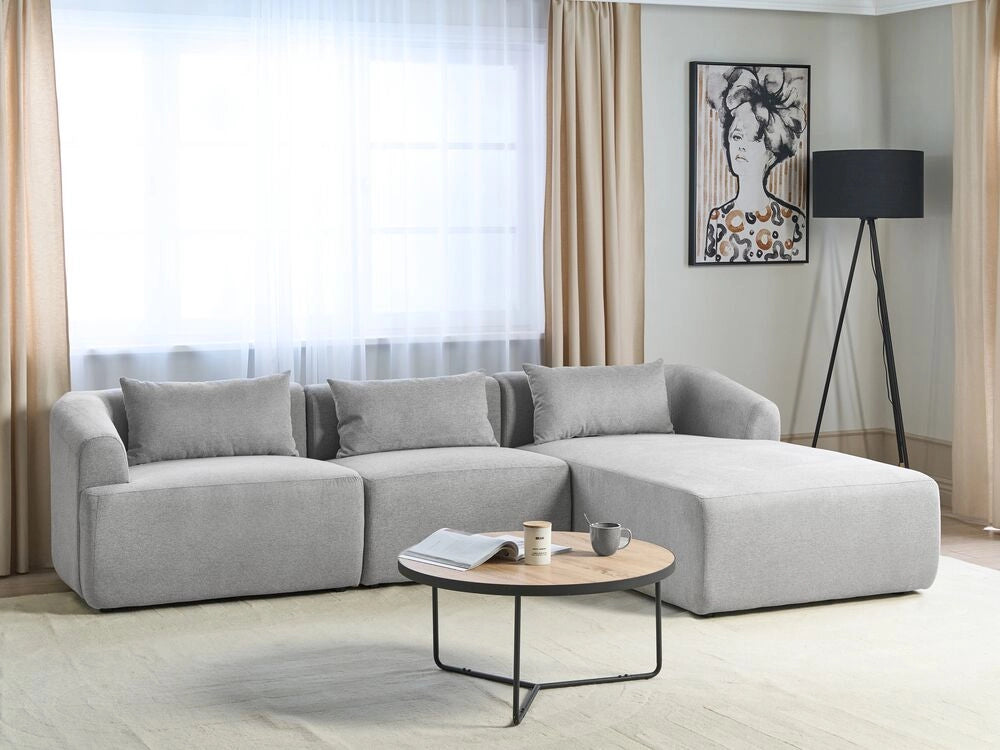 Divano angolare a 3 posti a sinistra Tessuto grigio Braccioli imbottiti a binario Cuscini aggiuntivi Stile moderno minimalista