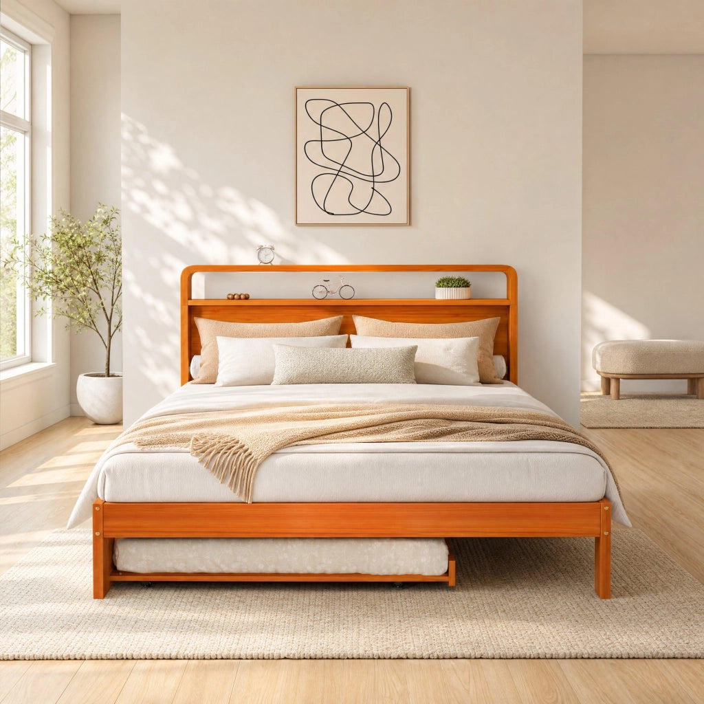 Letto Estraibile 140x200 cm e 90x190 cm; Letto Matrimoniale - 2-in-1 - Legno Naturale