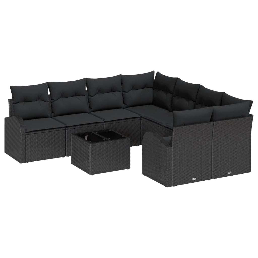 Set Divano da Giardino 9 Pezzi Rattan Polietilene Nero con Cuscini
