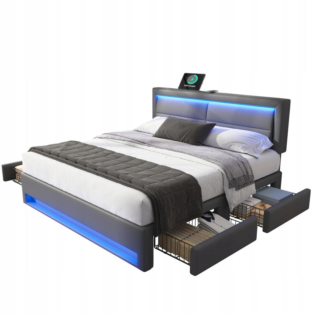 Letto imbottito 140x200 - Xylo - Grigio, USB, LED
