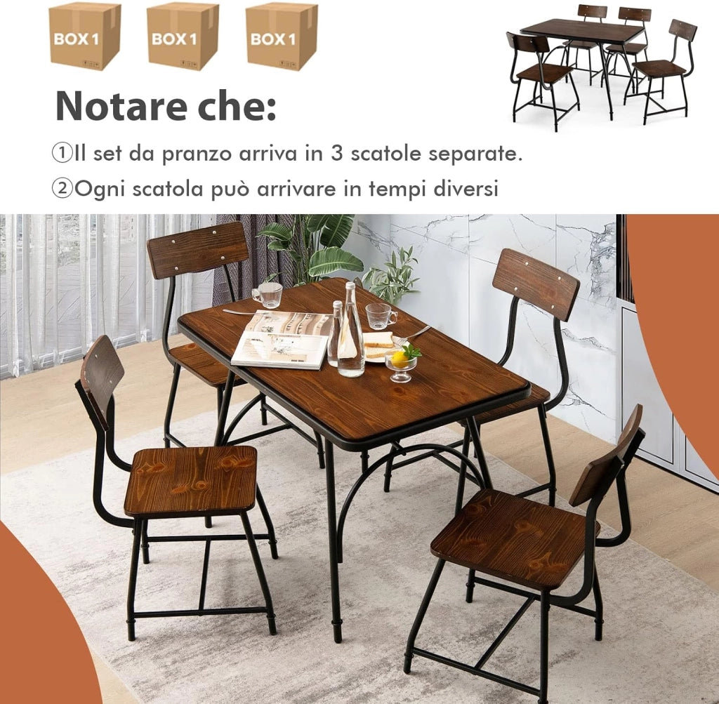 Set Tavolo e 4 Sedie da Pranzo, Set da Pranzo in Stile Industriale con Struttura di Metallo, Set Tavolo Rettangolare per Cucina Ristorante, Marrone (Set Tavolo e 4 Sedie)