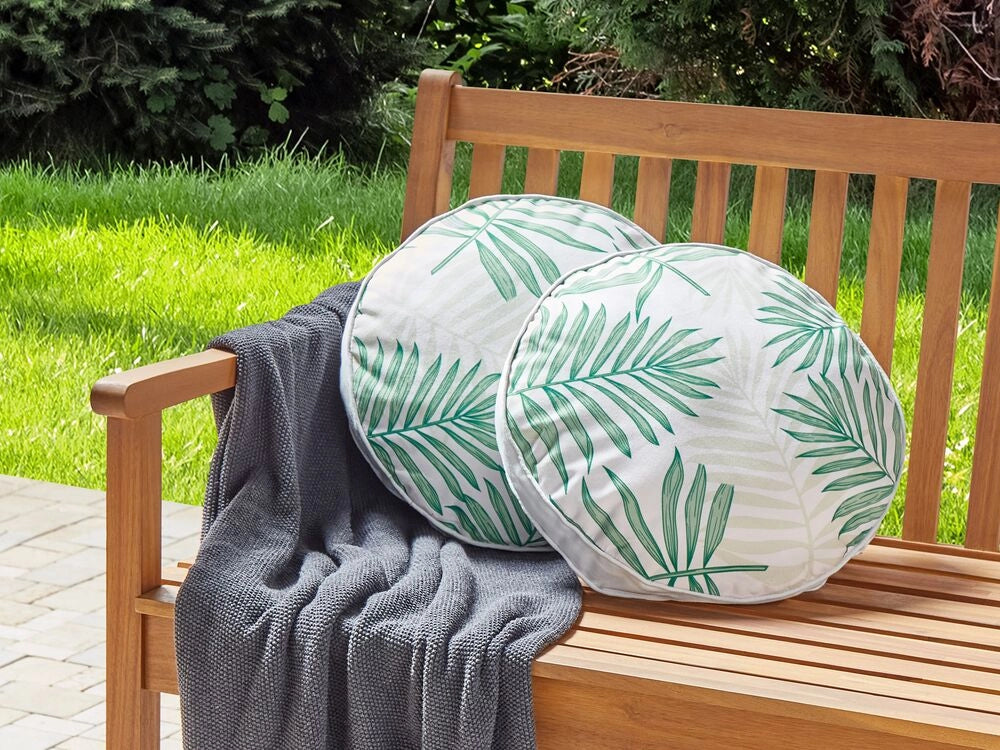 Set di 2 cuscini da esterno in tessuto di poliestere beige e verde con motivo a foglia di palma ⌀ 40 cm esterno interno giardino