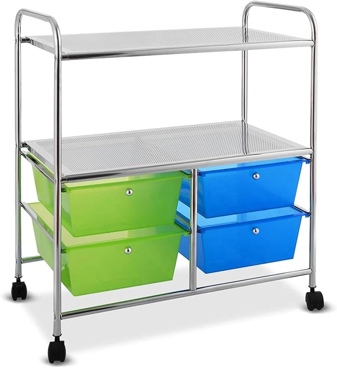 Carrello con 4 Cassetti e 2 Ripiani, Carrello Portaoggetti con Ruote per Cucina Bagno Ufficio, Multiuso, 58,5x37x75 cm (Blu+Verde)