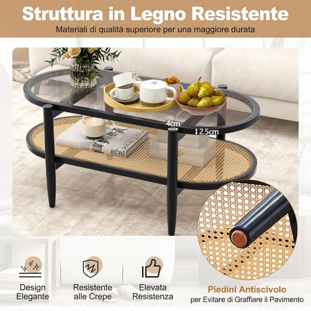 Tavolino da Caffè Salvaspazio, Tavolino da Divano a 2 Ripiani con Piano in Vetro Temperato, Struttura in Legno e Piedini Regolabili, per Soggiorno, Camera da Letto Ufficio, 102 X 56 X 46 CM