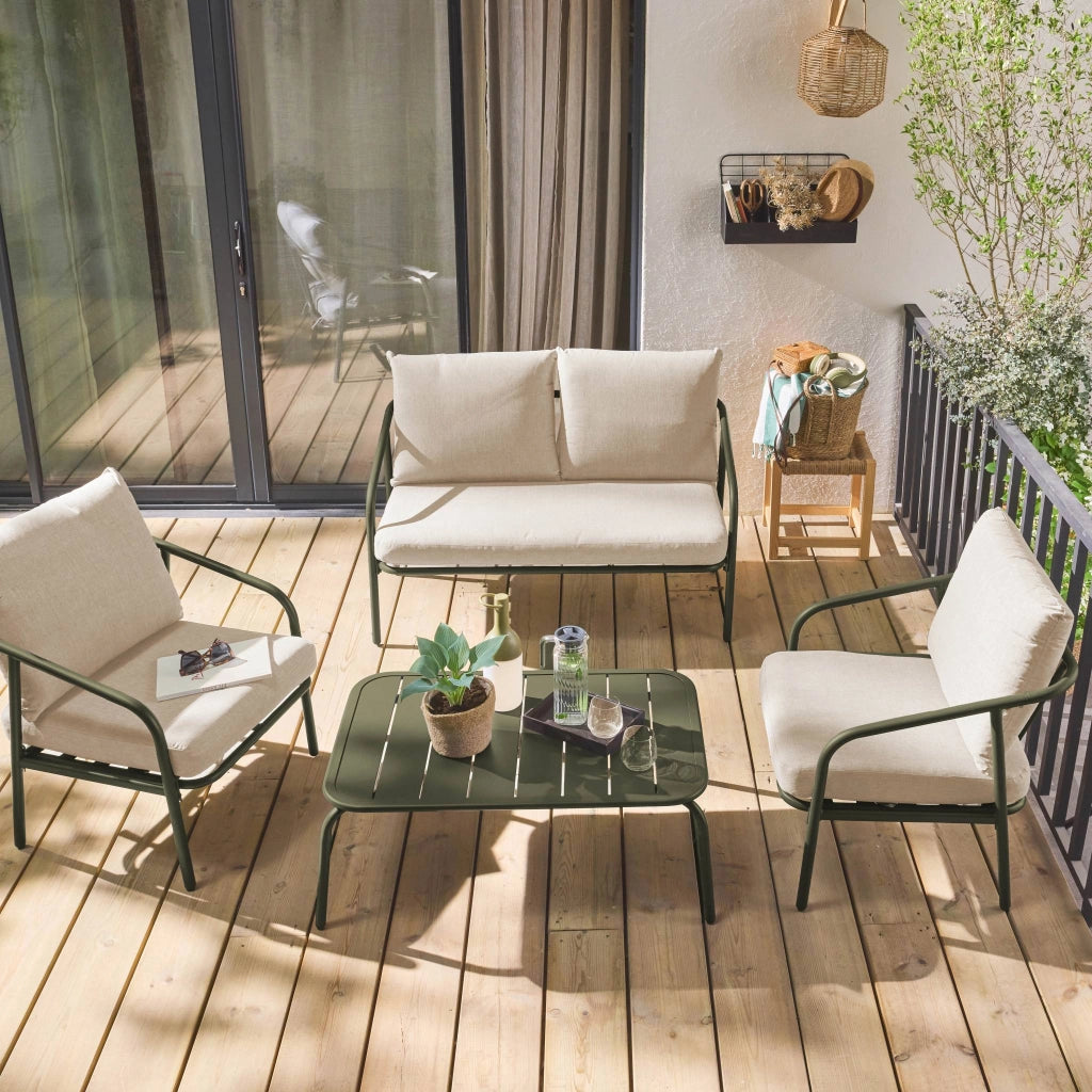 Salotto da giardino in metallo, 4 posti, verde kaki