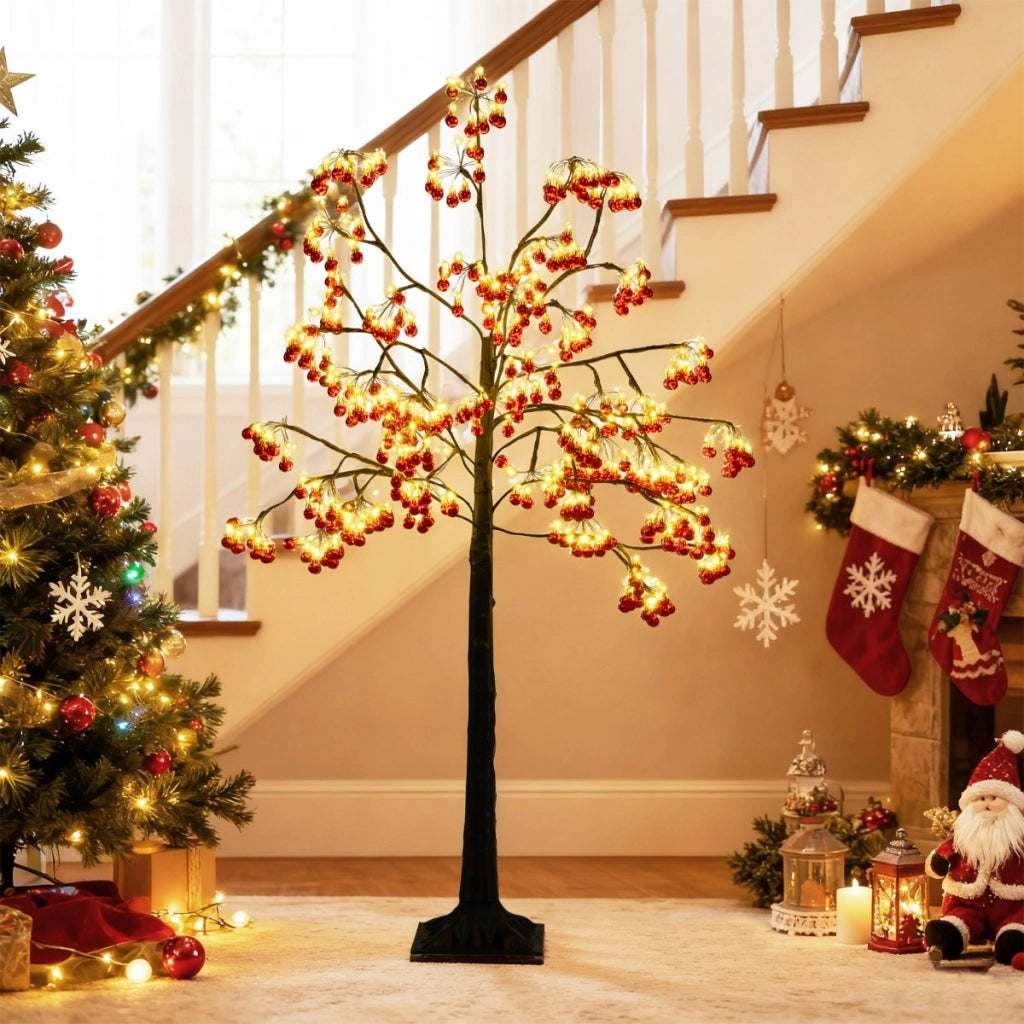 Albero artificiale con rami pieghevoli palline rosse LED e picchetti, Albero di natale decorativo per uso interno ed esterno-Alberi di Natale