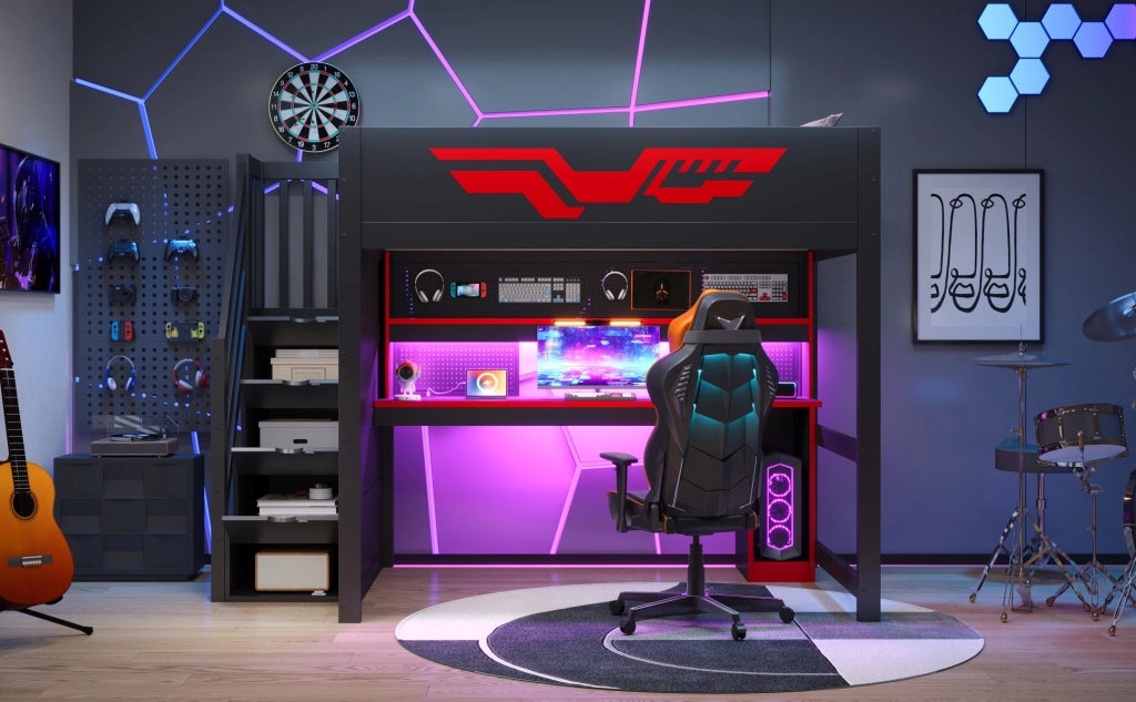 Letto a soppalco da gioco 140x200 cm con scrivania; LED e USB; nero e rosso