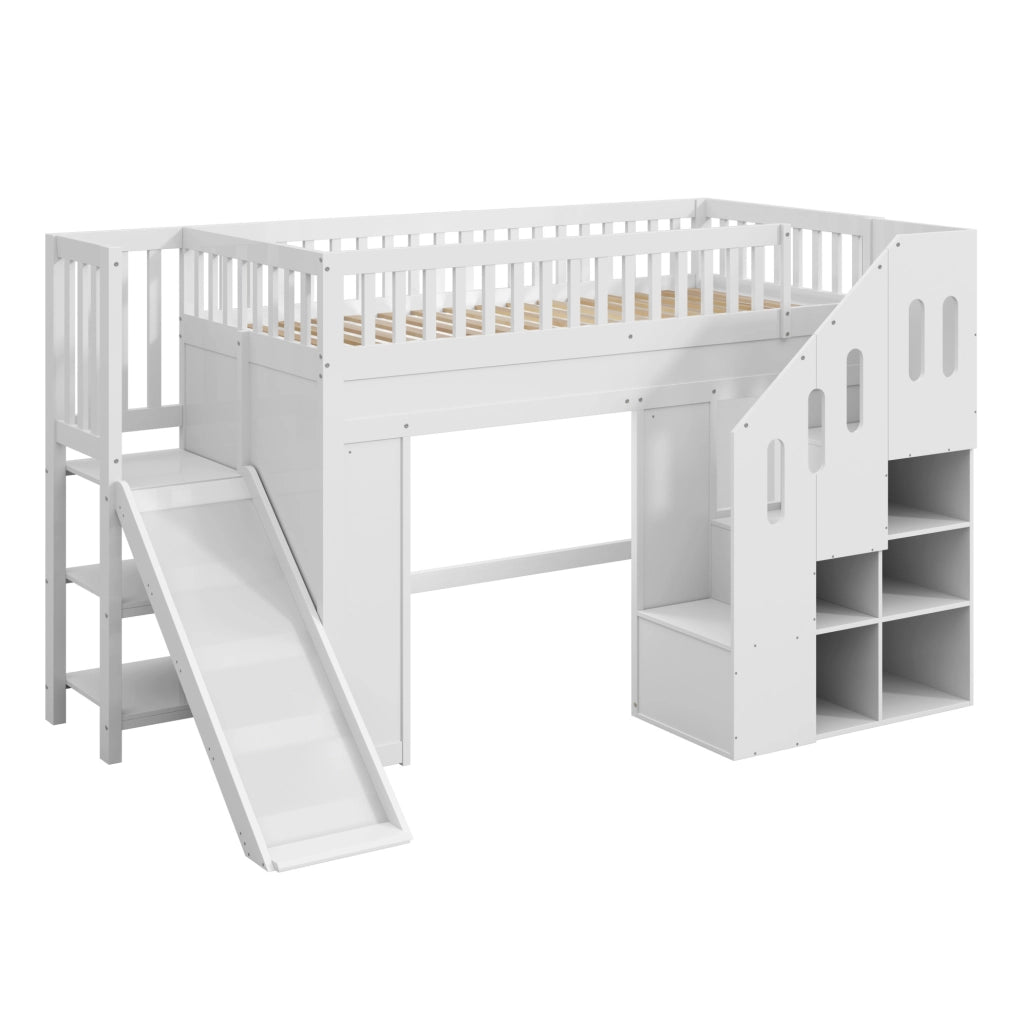 Letto a soppalco per bambini 90x200 cm con scivolo; scala contenitore e LED; bianco