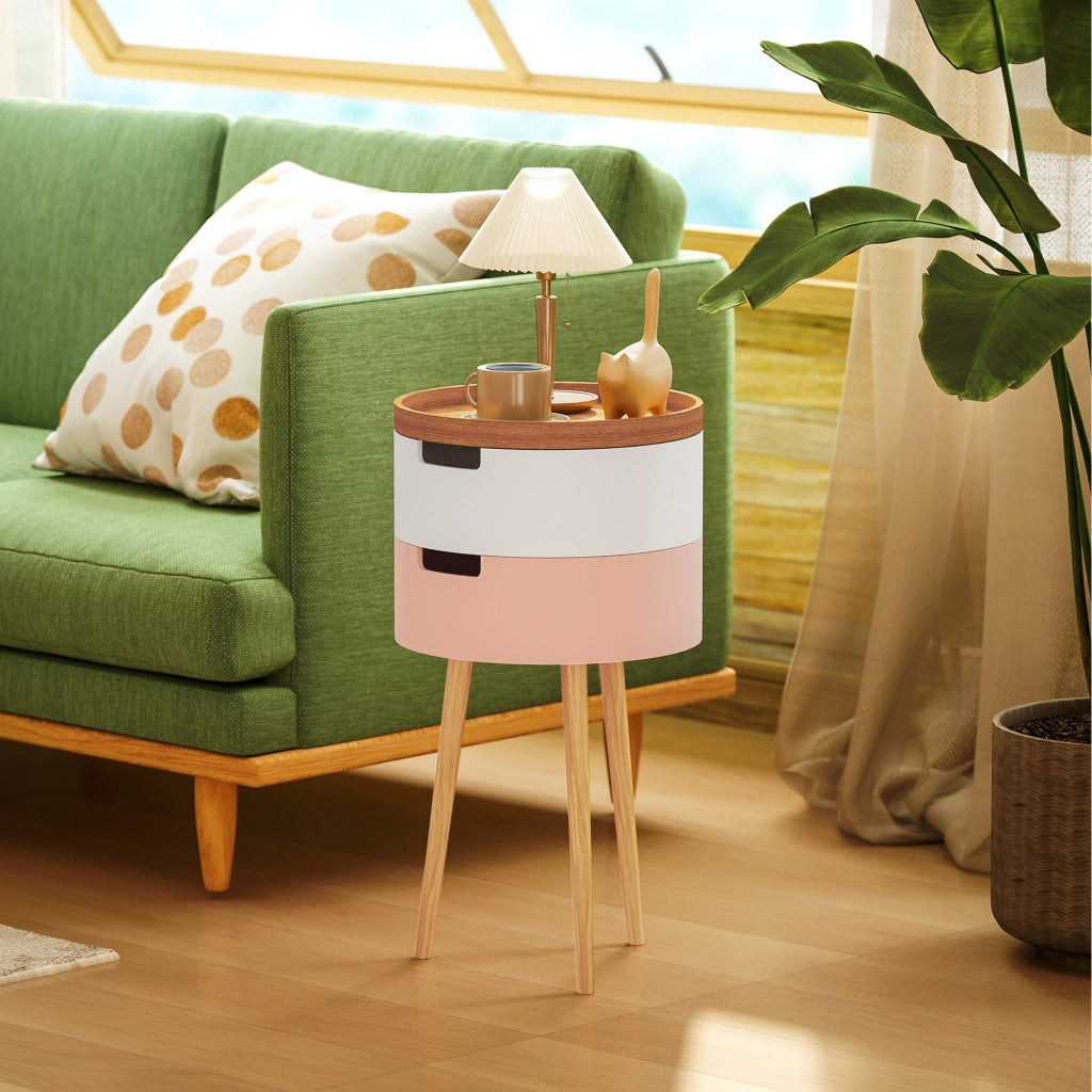 Set 2 Tavolini da Caffè con 2 Vani Contenitore e Vassoio Superiore Ø35 x 65,5 cm in MDF e Legno Bianco e Rosa
