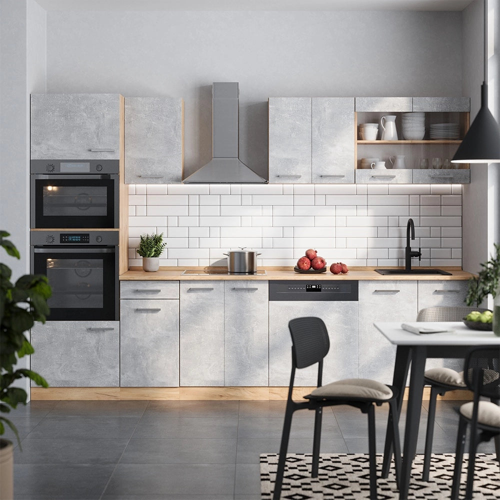 Cucina componibile R-Line Calcestruzzo/Rovere dorato 300 cm con armadio alto, PL Antracite Vicco
