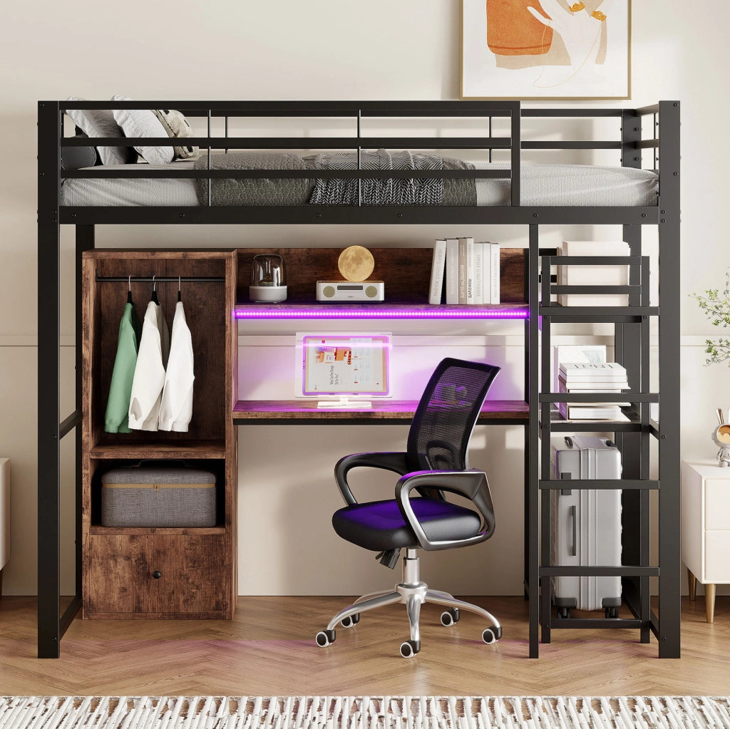 Letto a soppalco 90x200 cm in metallo e MDF; nero; con LED; scrivania; cassetto e ripiani