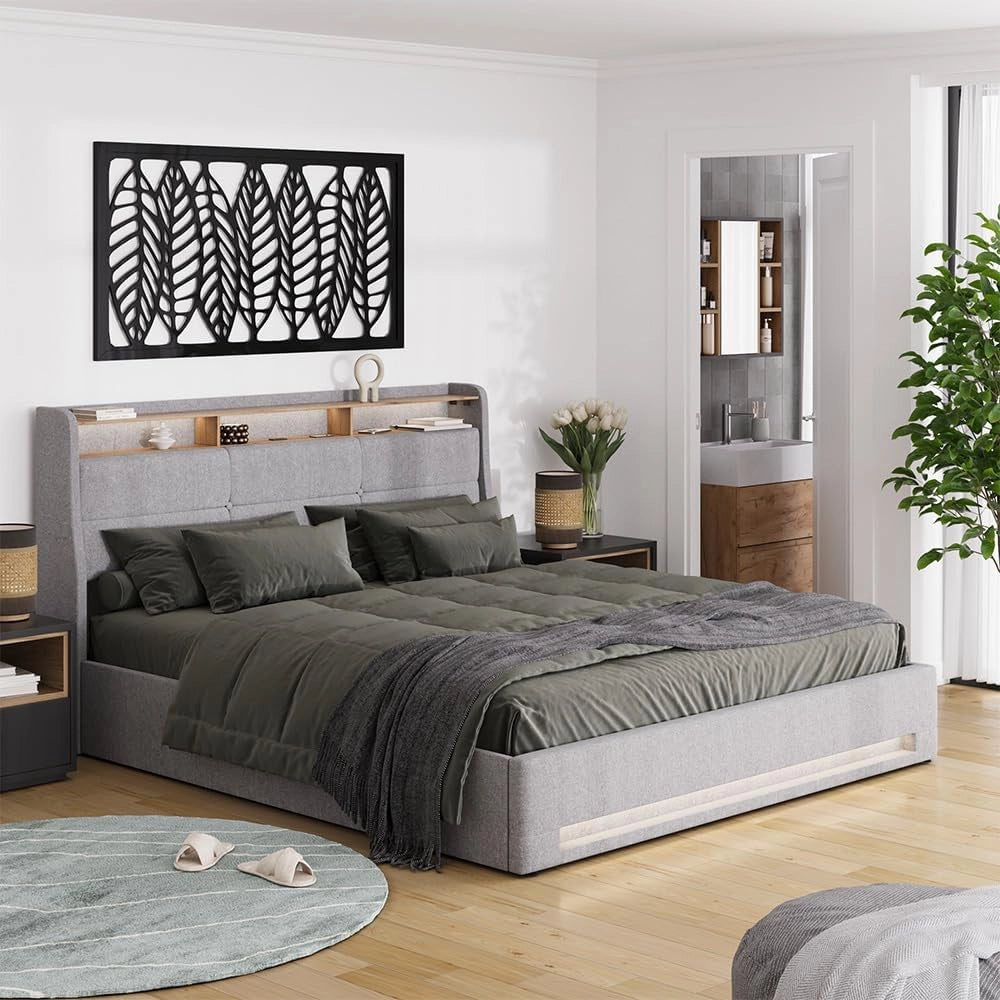 Letto imbottito Christin, Grigio/quercia, 180x200 con LED e porta USB
