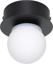 Lampada da soffitto a forma di bollo per piccole bagni - Nero metallo e vetro bianco - Bianco caldo IP44 ∅ 11 cm