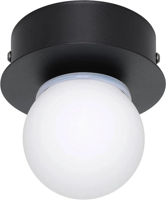Lampada da soffitto a forma di bollo per piccole bagni - Nero metallo e vetro bianco - Bianco caldo IP44 ∅ 11 cm