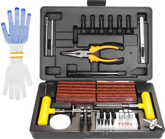 Kit di riparazione gomme - 100 pezzi, gomme per auto con manometro di pressione, guanti e 35 accessori, kit di riparazione per auto, biciclette, motociclette, trattori, camion.