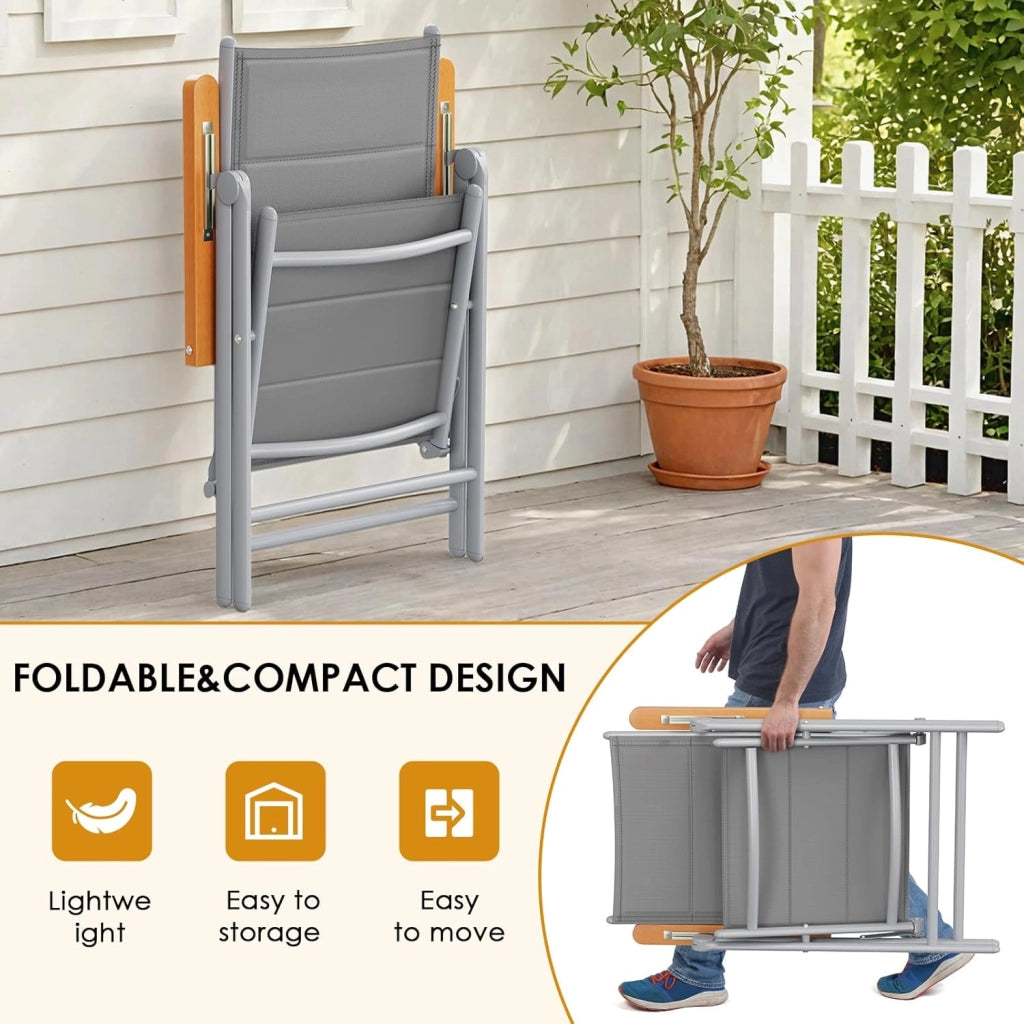 Sedia da giardino con schienale alto, pieghevole, set da 6 sedie da balcone, braccioli in WPC, con schienale trapuntato, seduta regolabile in 7 posizioni, fino a 120 kg, per sala da pranzo