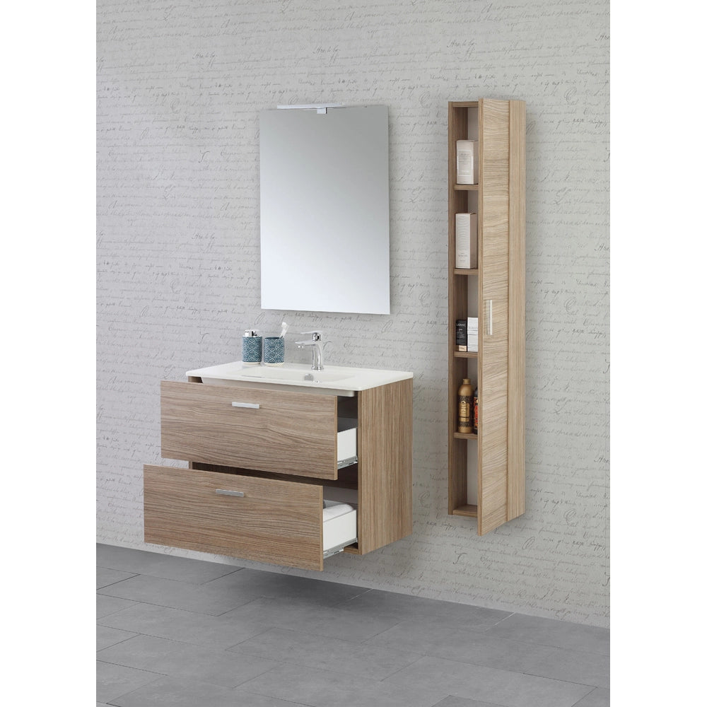 COMPOSIZIONE BAGNO SOSPESA MOBILE LAVABO 80cm 2 CASSETTI+SPECCHIO+COLONNA PENSILE ROVERE TROPEA FERIDRAS