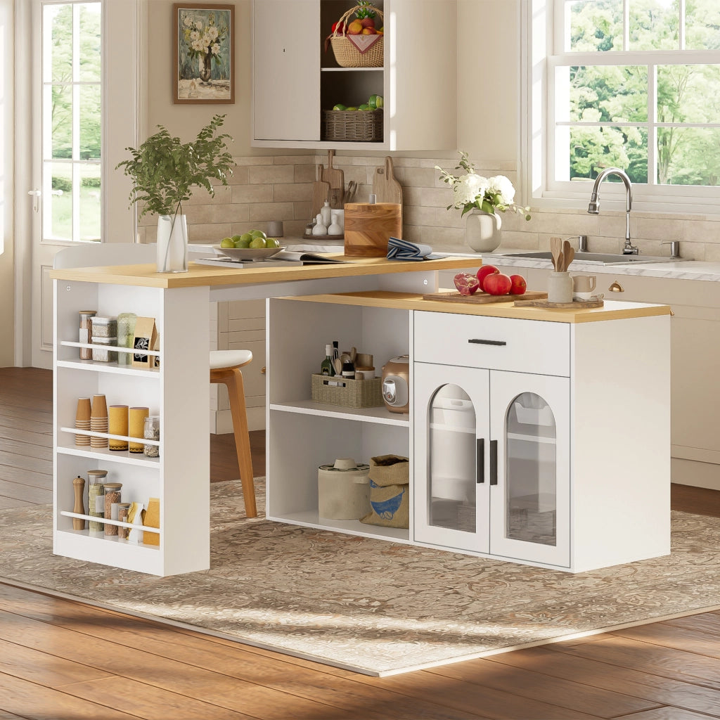 Isola da Cucina 136x50x78 cm Bianca e Rovere con Tavolo Girevole 360°, Cassetto e Ripiani