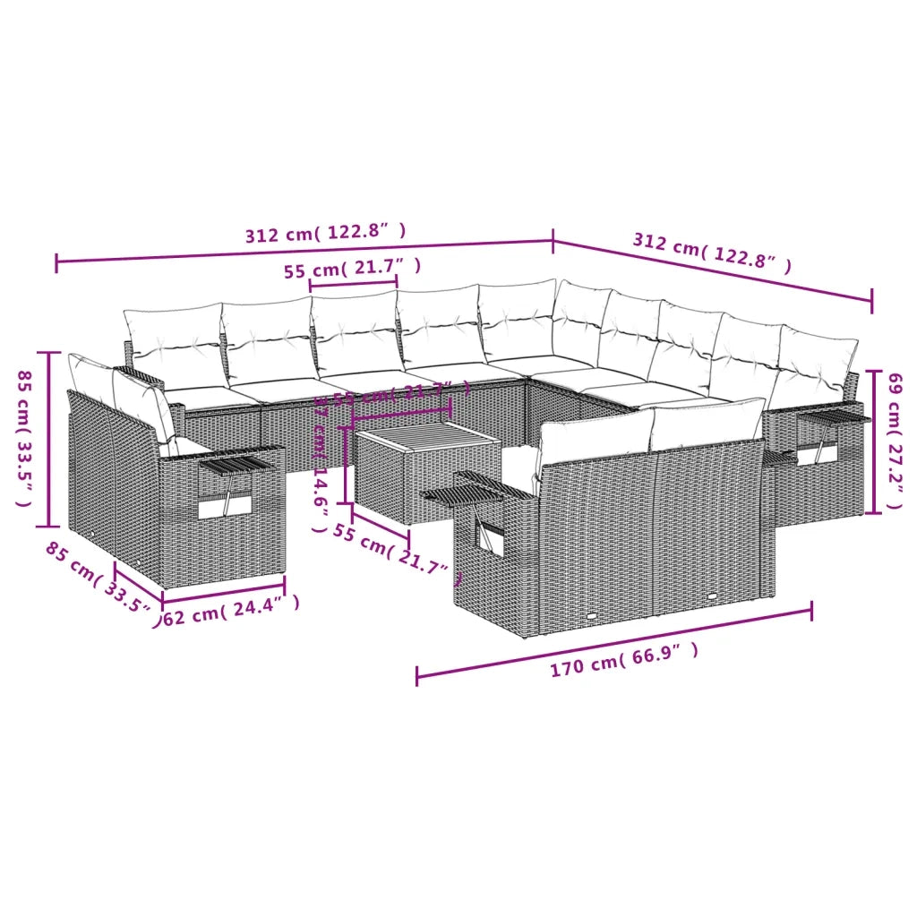 Set Divani da Giardino 14pz con Cuscini in Polyrattan Nero 3257168