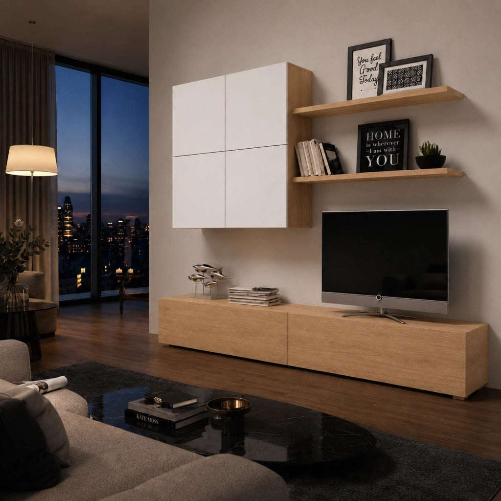 Parete Attrezzata Per Soggiorno Con Base TV 2 Ante Pensile 4 Ante E 2 Mensole Design Contemporaneo In Melaminico Facile Da Pulire Bianco E Rovere
