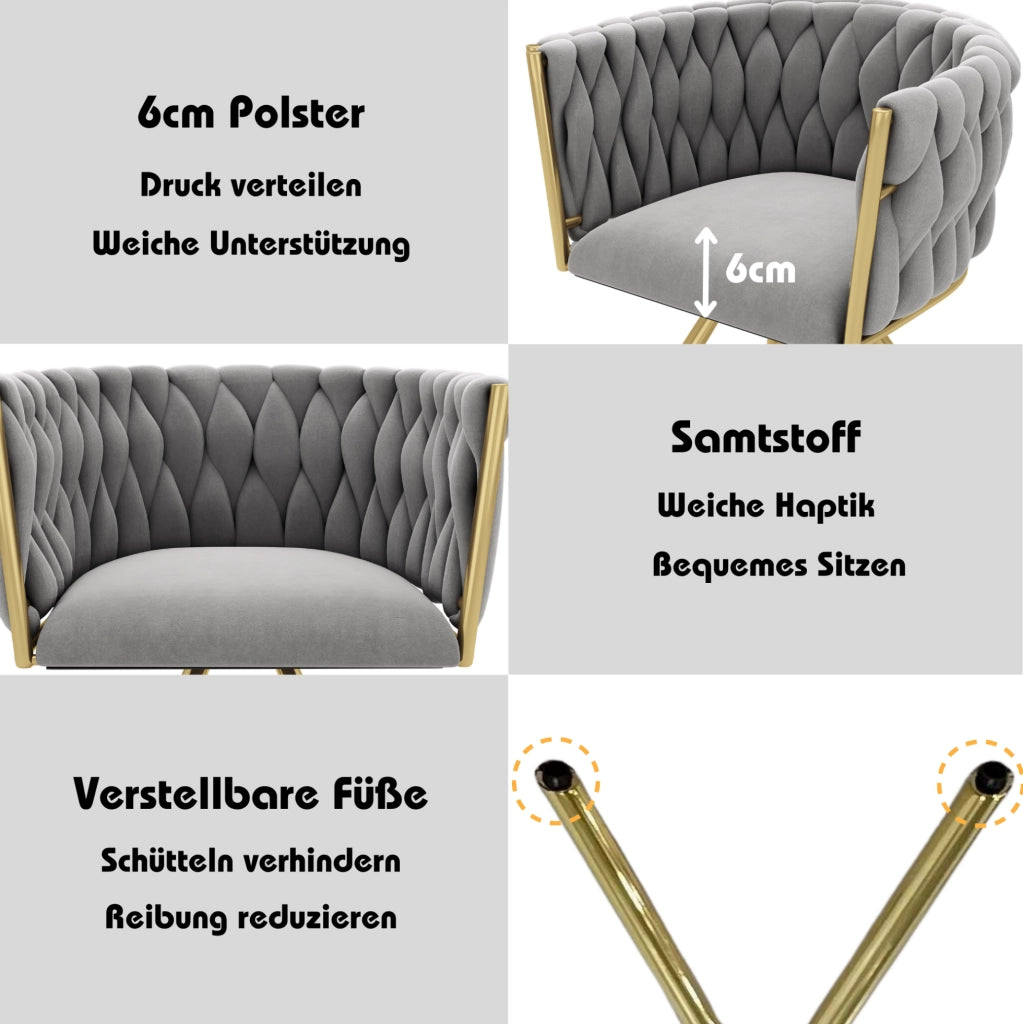 Set di 2 sedie da pranzo girevoli 360° in velluto grigio con struttura in metallo oro; 60;96 x 60;96 x 57;79 cm