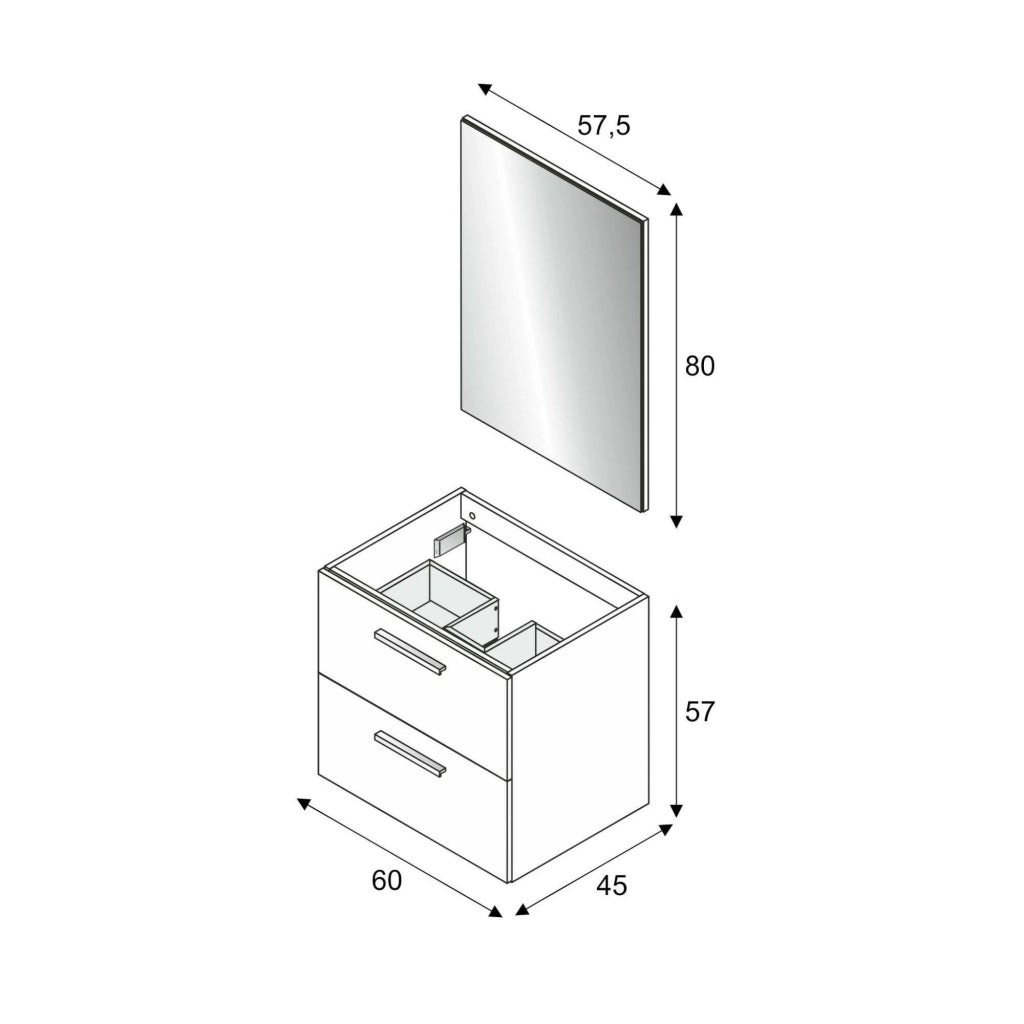 Mobile sottolavabo Affa, Mobiletto per bagno a 2 cassetti, Armadietto sospeso con specchio, lavabo non incluso, cm 60x45h67, Rovere
