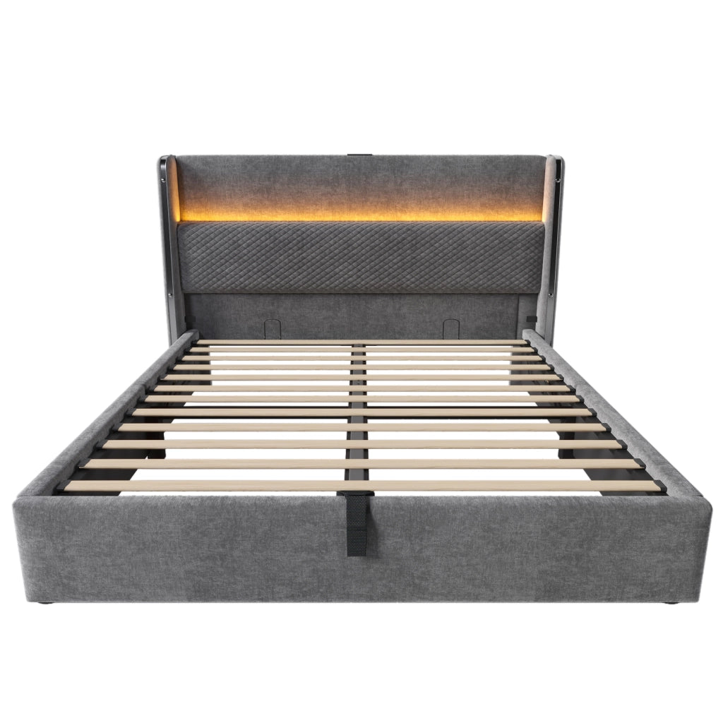 OKWISH Letto Contenitore 140×200 cm, Letto Matrimoniale con LED Regolabile, USB, Tipo C e Testiera Alta, senza Materasso, in Lino, Grigio