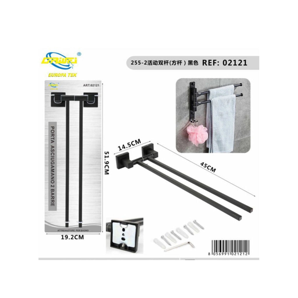 PORTA ASCIUGAMANI 2 ASTE SUPPORTO PER BAGNO DA MURO ASTA CASA NERO 02121