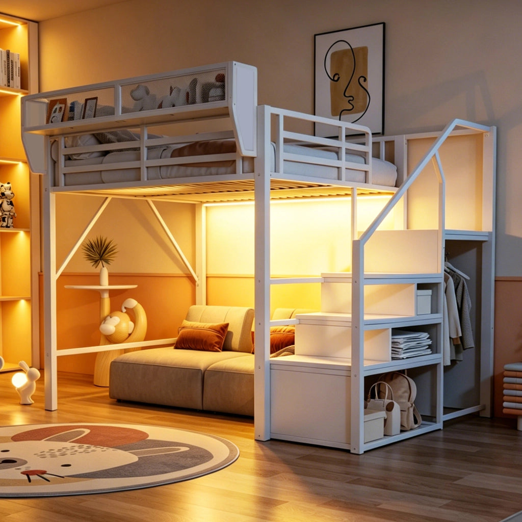 Letto a soppalco matrimoniale 140×200 cm con LED; scala; ripiani e materasso senza materasso; metallo; bianco