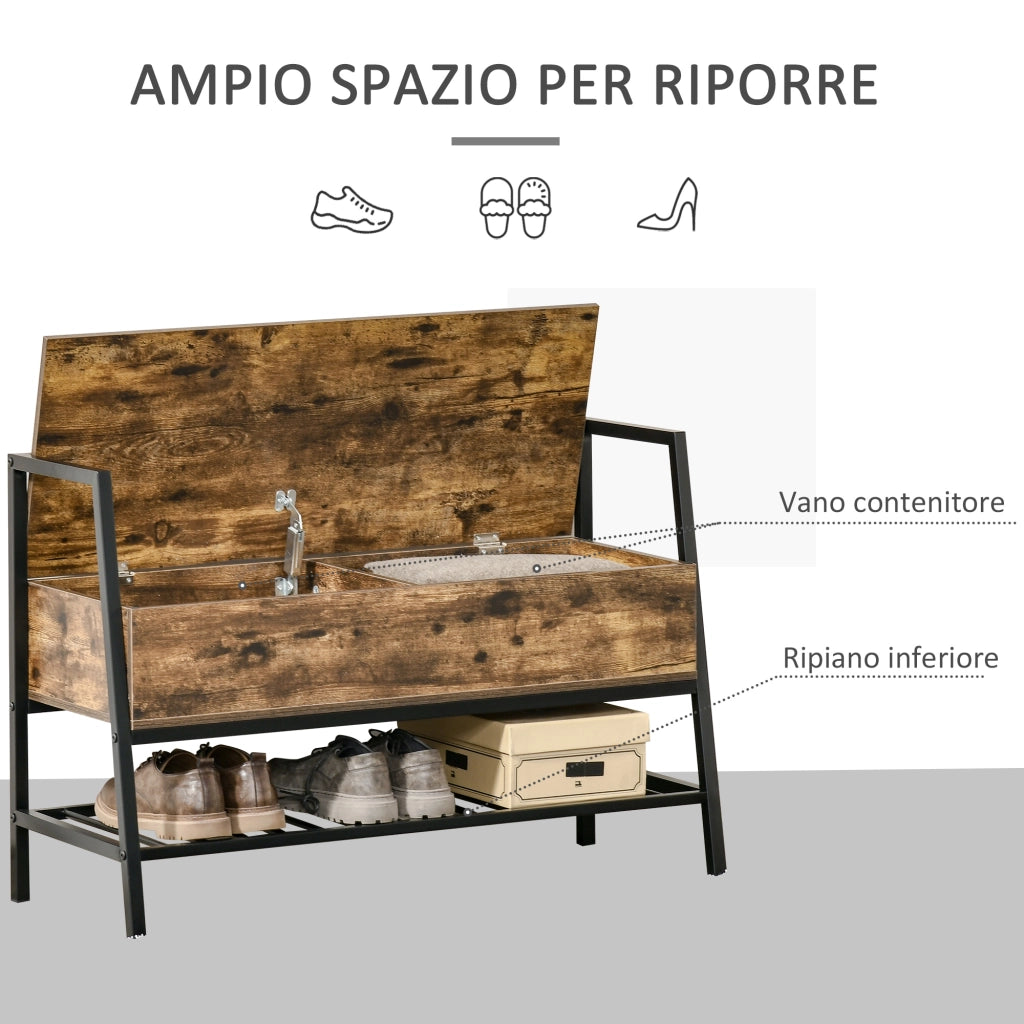 EasyComfort Mobile Scarpiera in Stile Industriale con Vano, Panca Scarpiera Vintage Salvaspazio in Legno e Metallo, Marrone Rustico, 90x37x60cm