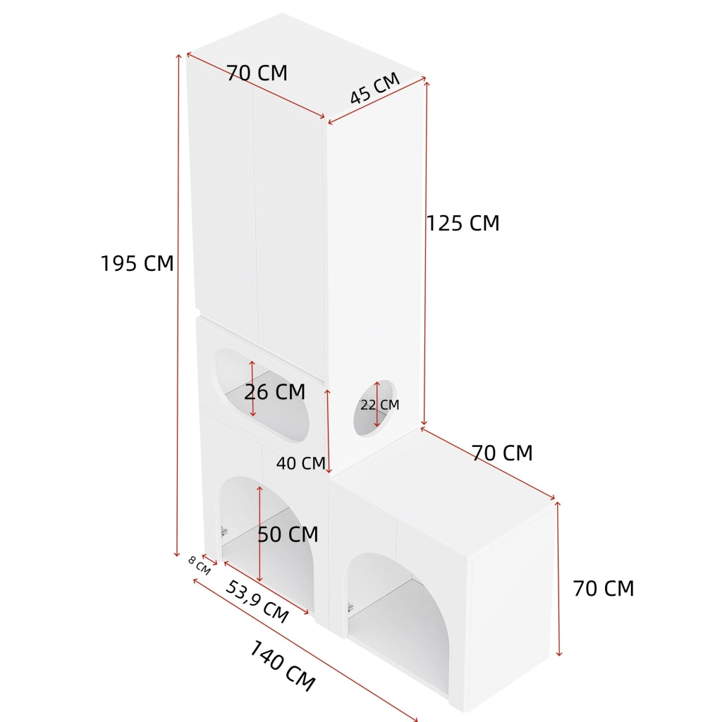 Mobile coperto per lettiera per gatti con 2 vani toilette, zona riposo e armadio, bianco, 140 × 45 × 195 cm