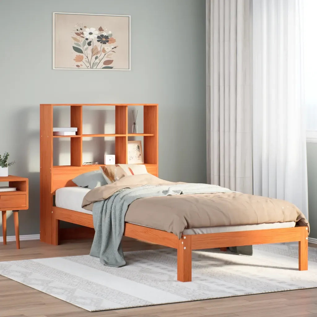 Letto Libreria senza Materasso-Struttura Letto con contenitore Marrone Cera 100x200 cm in Pino 430473